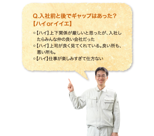 Q.入社前と後でギャップはあった？【ハイorイイエ】 ◦【ハイ】上下関係が厳しいと思ったが、入社したらみんな仲の良い会社だった◦【ハイ】上司が良く見てくれている。良い所も、悪い所も。◦【ハイ】仕事が楽しみすぎて仕方ない