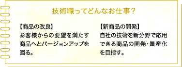 技術職ってどんなお仕事？ 【製品の改善】お客様や施工業者からの要望を満たす製品へとバージョンアップを図る。 【新製品の開発】自社の技術を新分野や違うマーケットで応用できる製品の開発・量産化を目指す。